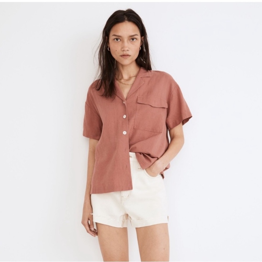 Madewell Linen-Blend Camp Shirt, Vintage Pink Color with White Buttons, Size M
